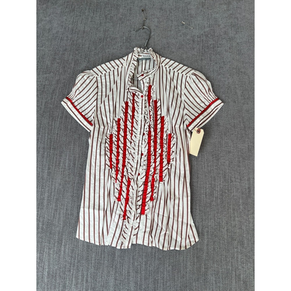 Zara Blouse Top Women Medium White Red Striped Short Sleeve Ruffled Button Front